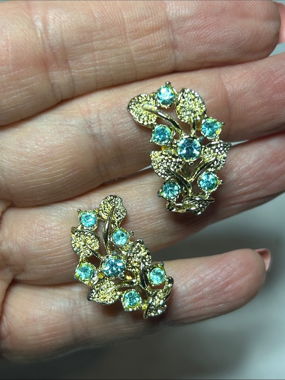 Gold Floral Leaf Screw-On Earrings with Aqua Blue Crystals